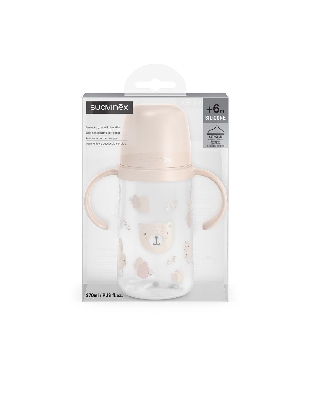 Wild&free biberon antigoccia con manici 270ml +6m rosa - suavinex