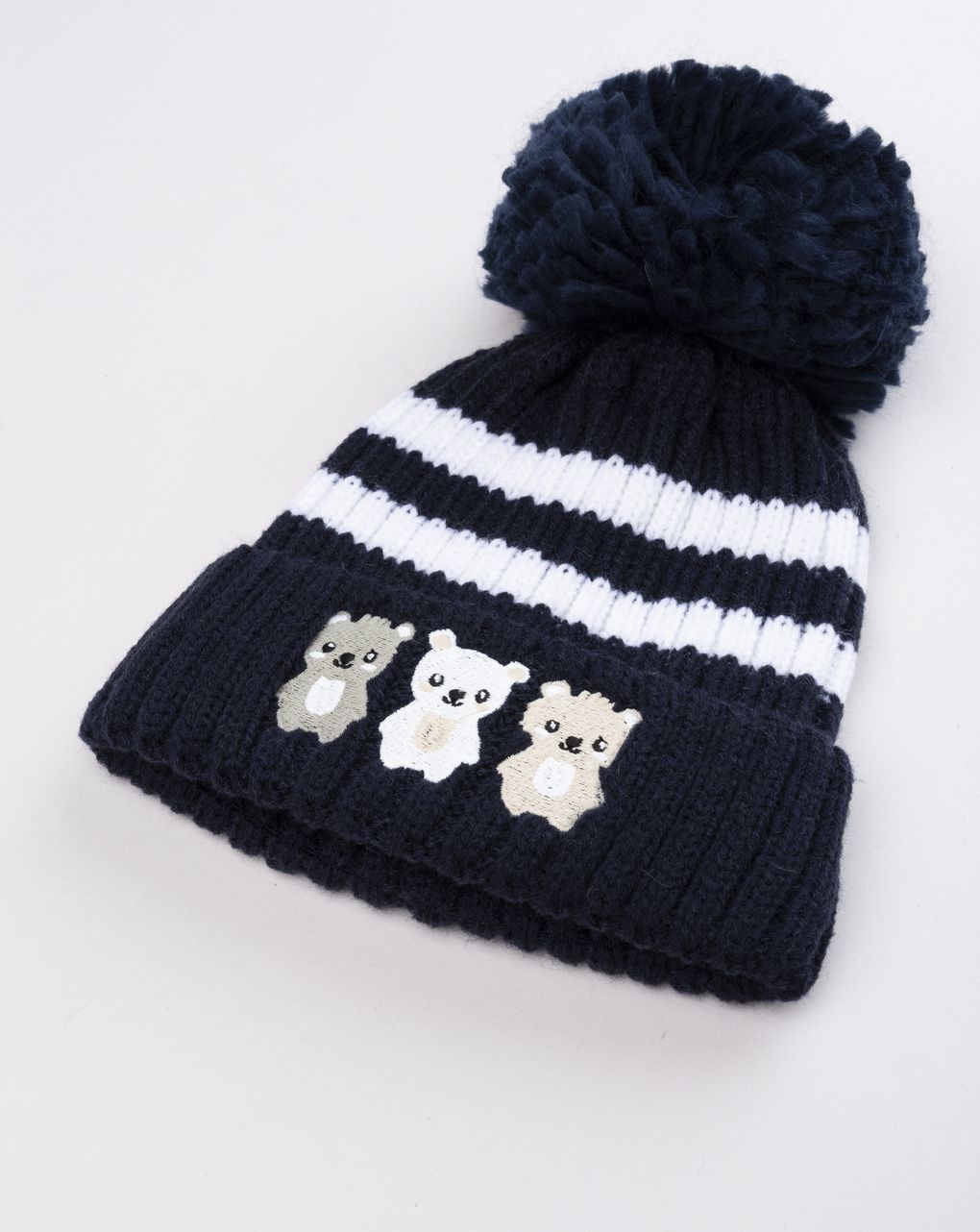 Cappello bimbo bianco/blu orsetti con pon pon