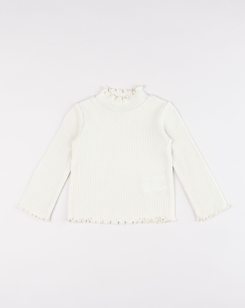 Maglia lupetto bimba a costine panna con bordi arricciati