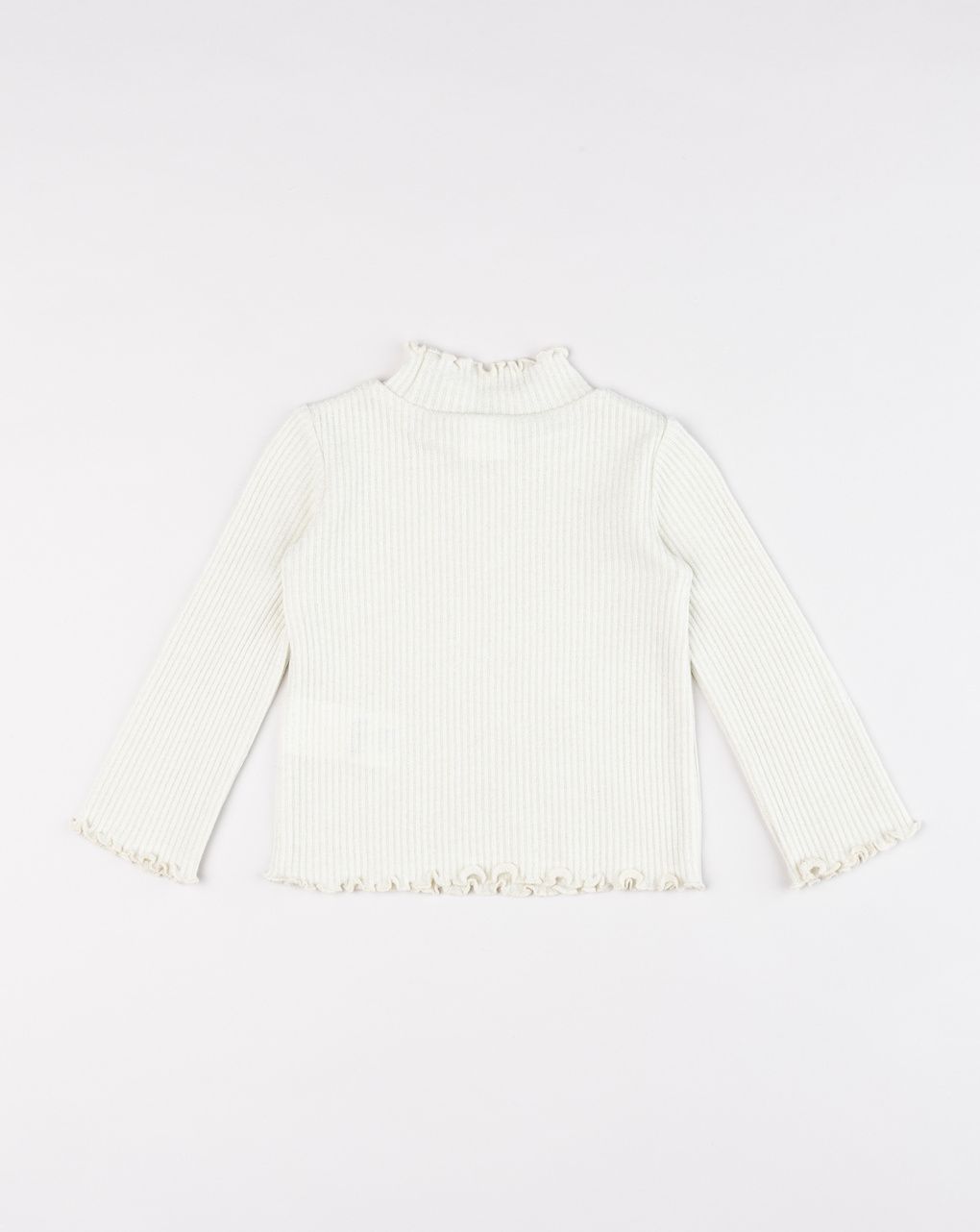 Maglia lupetto bimba a costine panna con bordi arricciati