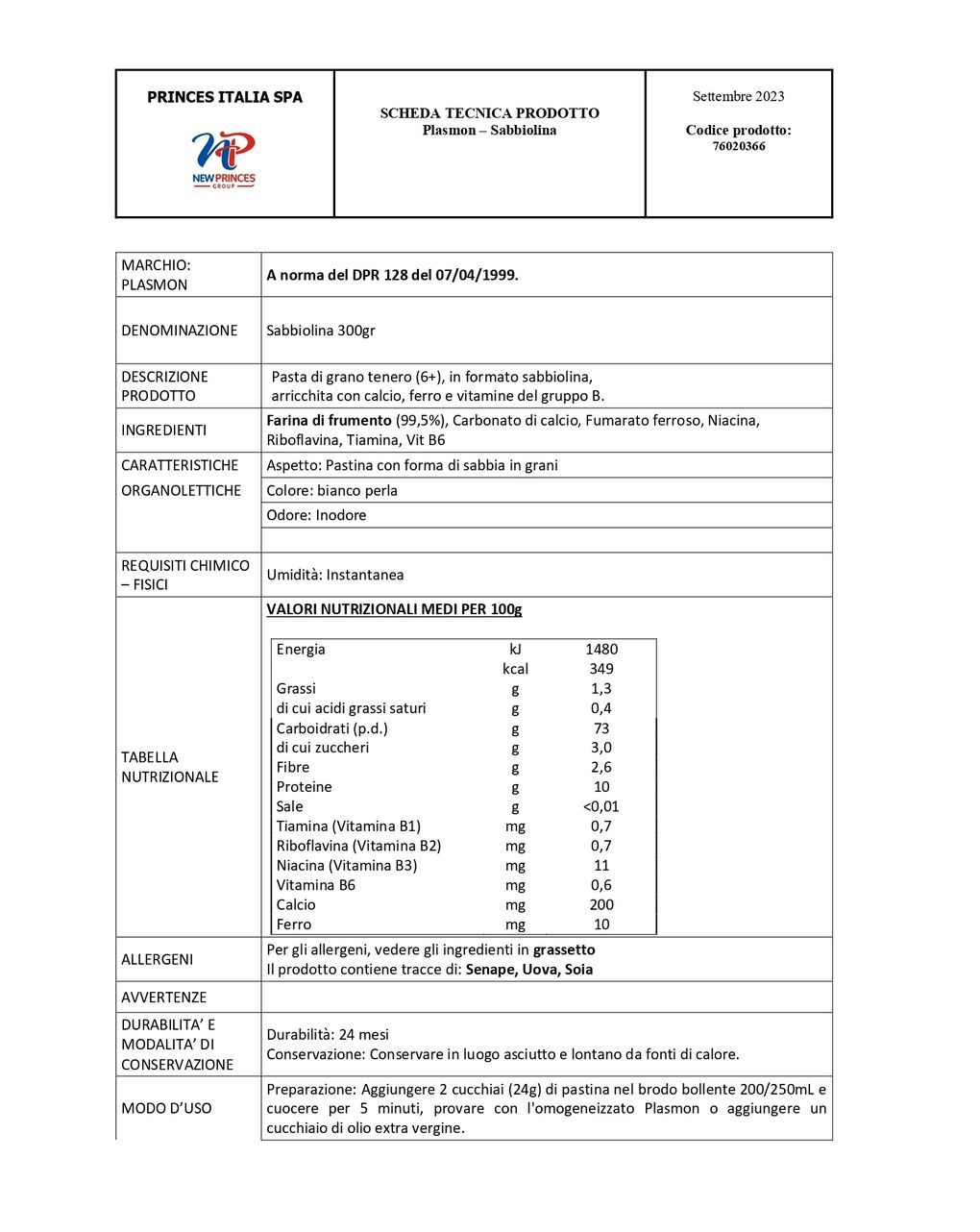 Pastina sabbiolina 300g - plasmon