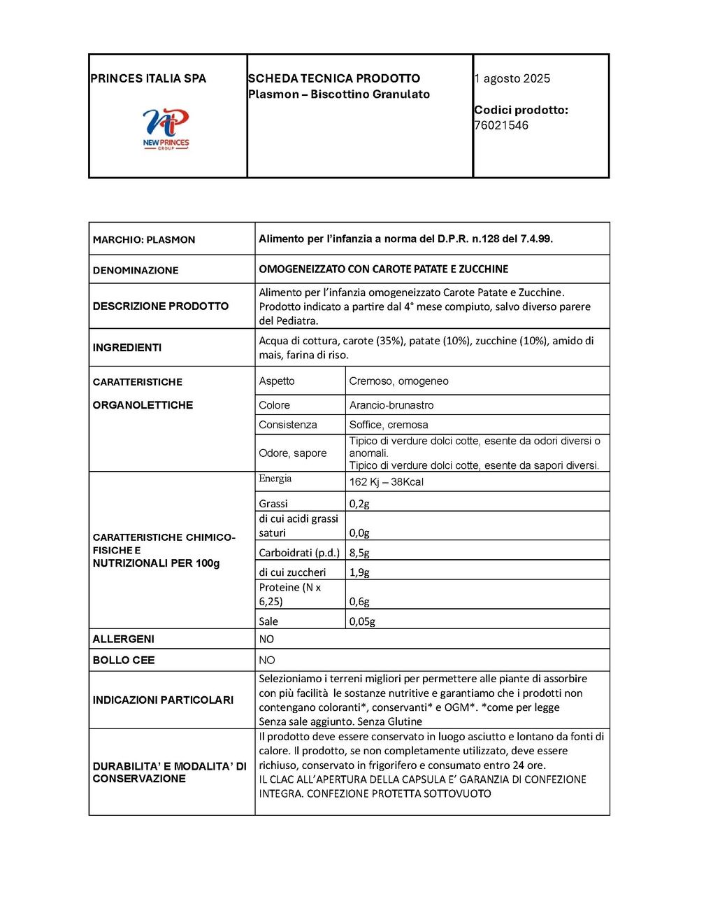 Omogeneizzato carote, patate e zucchine 2x80g - plasmon