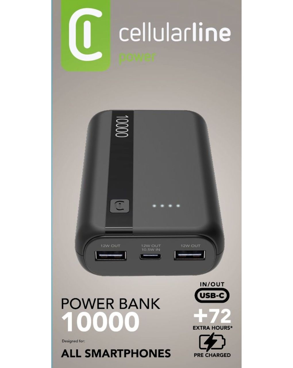 Power bank 10000 mah 12w 3 porte (1 usb-a + 2 usb-c) nero - cellularline