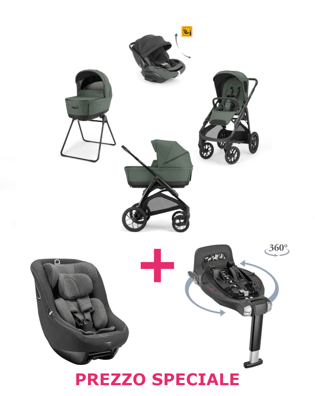 Trio aptica xt darwin recline evo taiga green telaio black + seggiolino auto darwin vulcan black + base auto darwin 360° i-size a un prezzo speciale