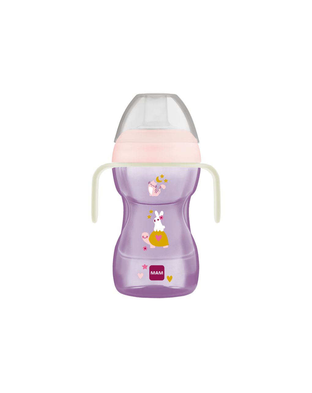 Mam fun to drink cup night tazza bambini 270 ml, manici che si illuminano al buio, beccuccio extra-morbido anti-goccia e valvola flusso libero, rosa