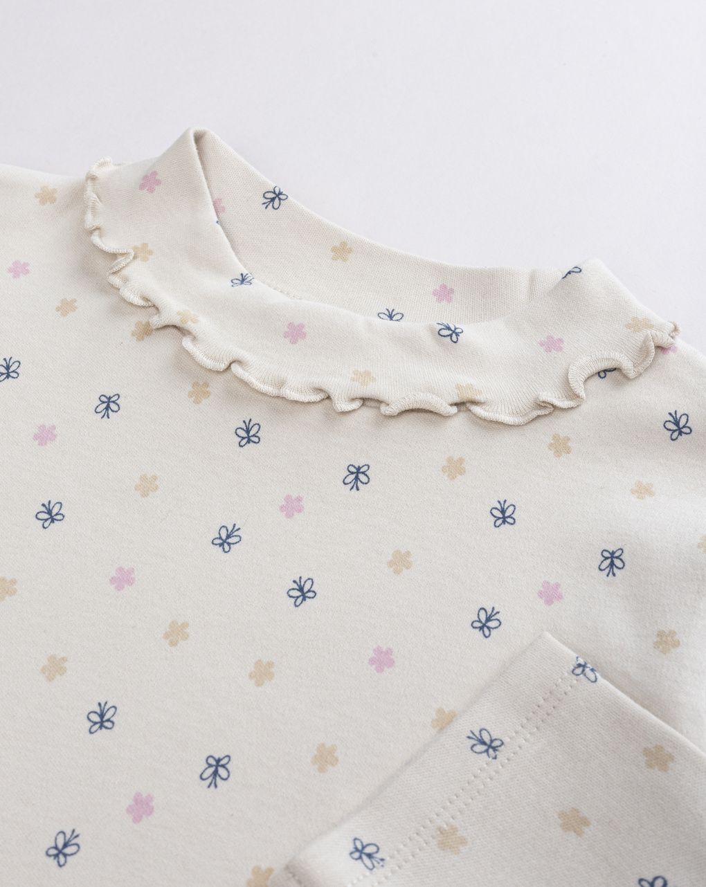 T-shirt con colletto bambina beige con fiori e volant