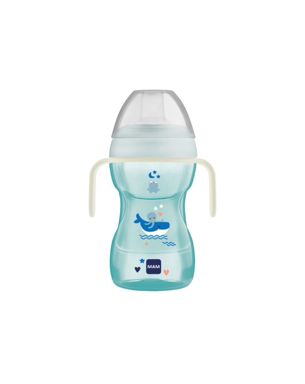 Mam fun to drink cup night tazza bambini 270 ml,manici che si illuminano al buio, beccuccio extra-morbido anti-goccia e valvola flusso libero, azzurro