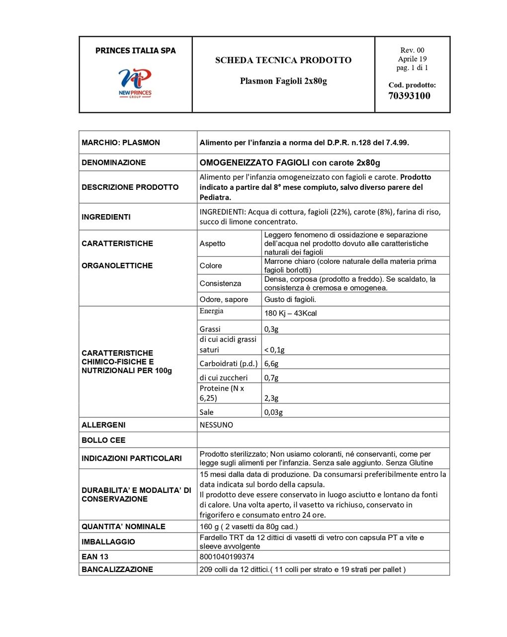 Omogeneizzato fagioli borlotti 2x80g - plasmon