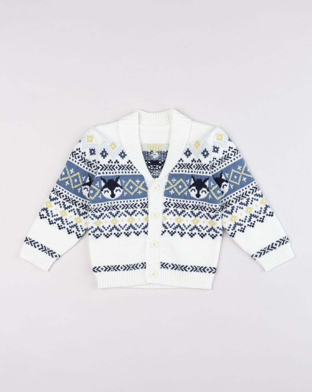 Cardigan bimbo bianco con collo a scialle e volpette