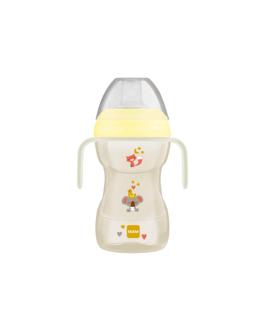 Mam fun to drink cup night tazza bambini 270 ml,manici che si illuminano al buio,beccuccio extra-morbido anti-goccia e valvola flusso libero, neutro