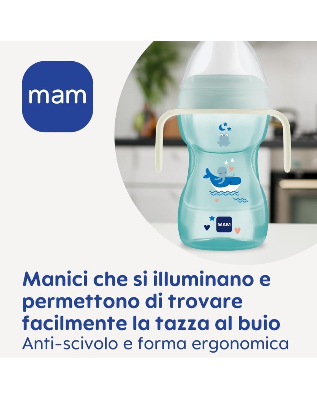 Mam fun to drink cup night tazza bambini 270 ml,manici che si illuminano al buio,beccuccio extra-morbido anti-goccia e valvola flusso libero, neutro