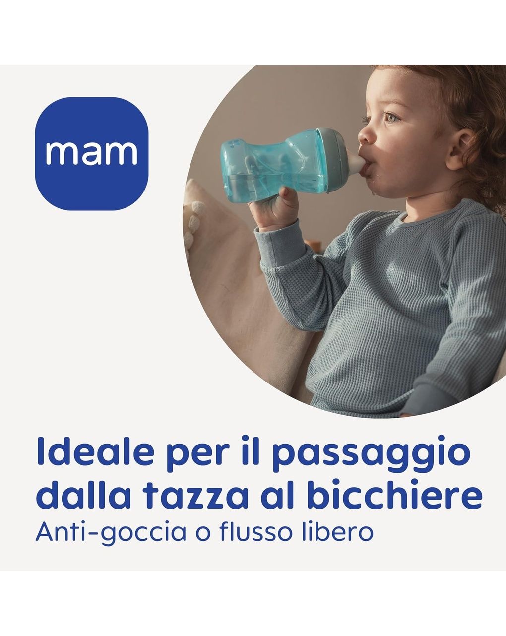 Mam fun to drink cup night tazza bambini 270 ml,manici che si illuminano al buio,beccuccio extra-morbido anti-goccia e valvola flusso libero, neutro