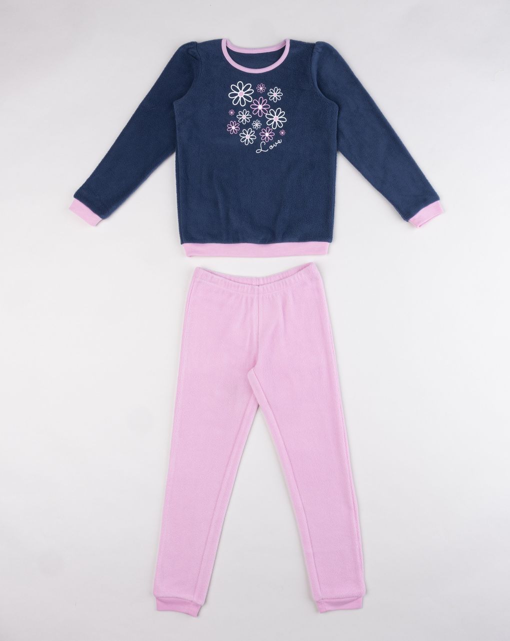 Pigiama invernale bambina in pile con fiori e scritta "love"
