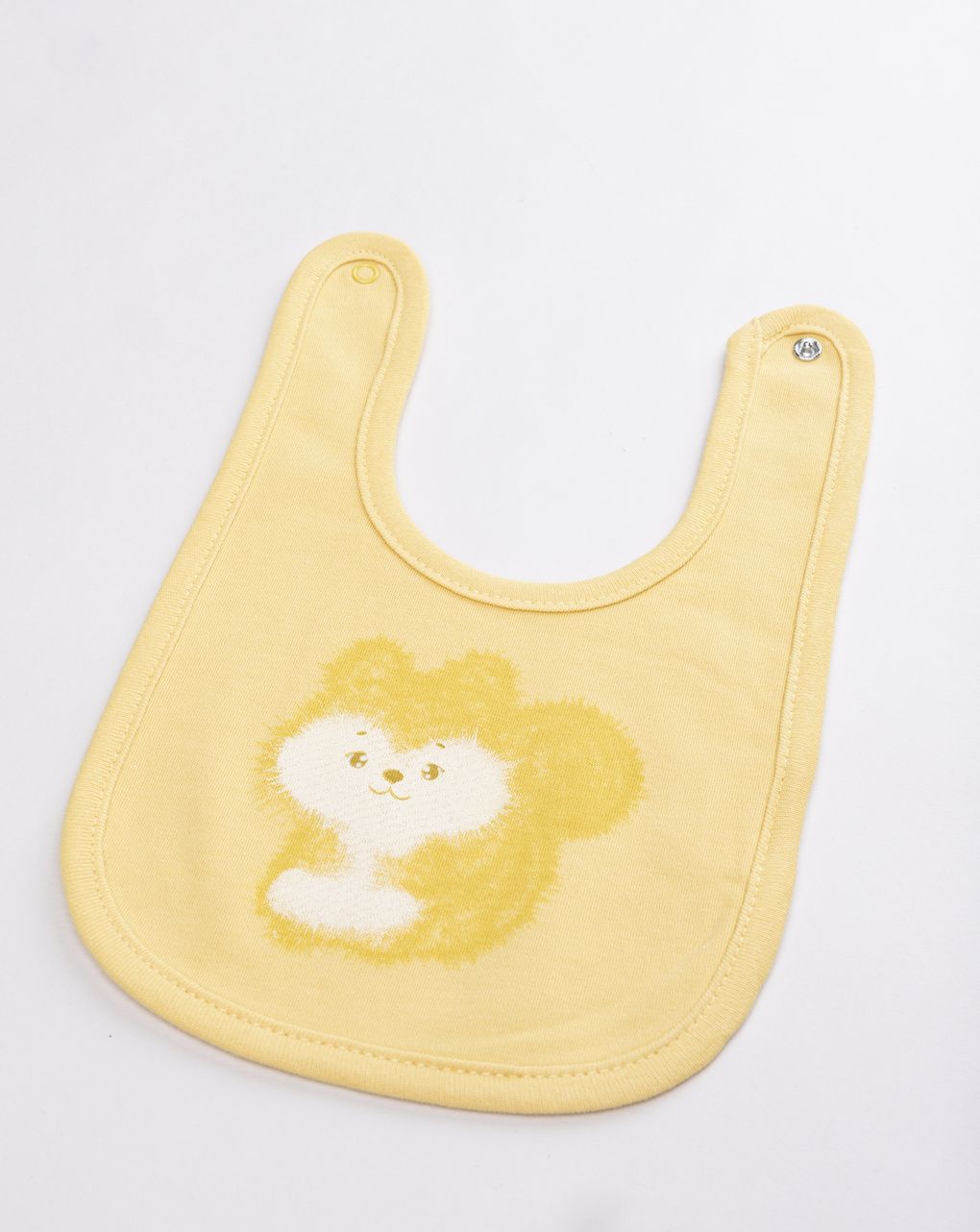 Bavaglino neonato in cotone giallo pastello con stampa scoiattolo