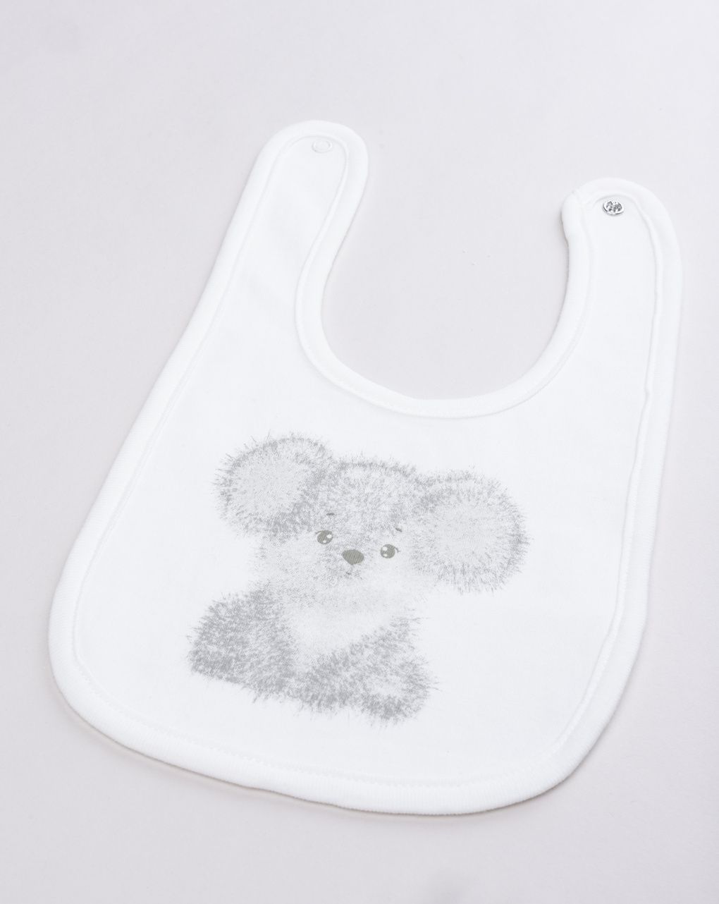 Bavaglino neonato in cotone bianco con stampa koala grigio