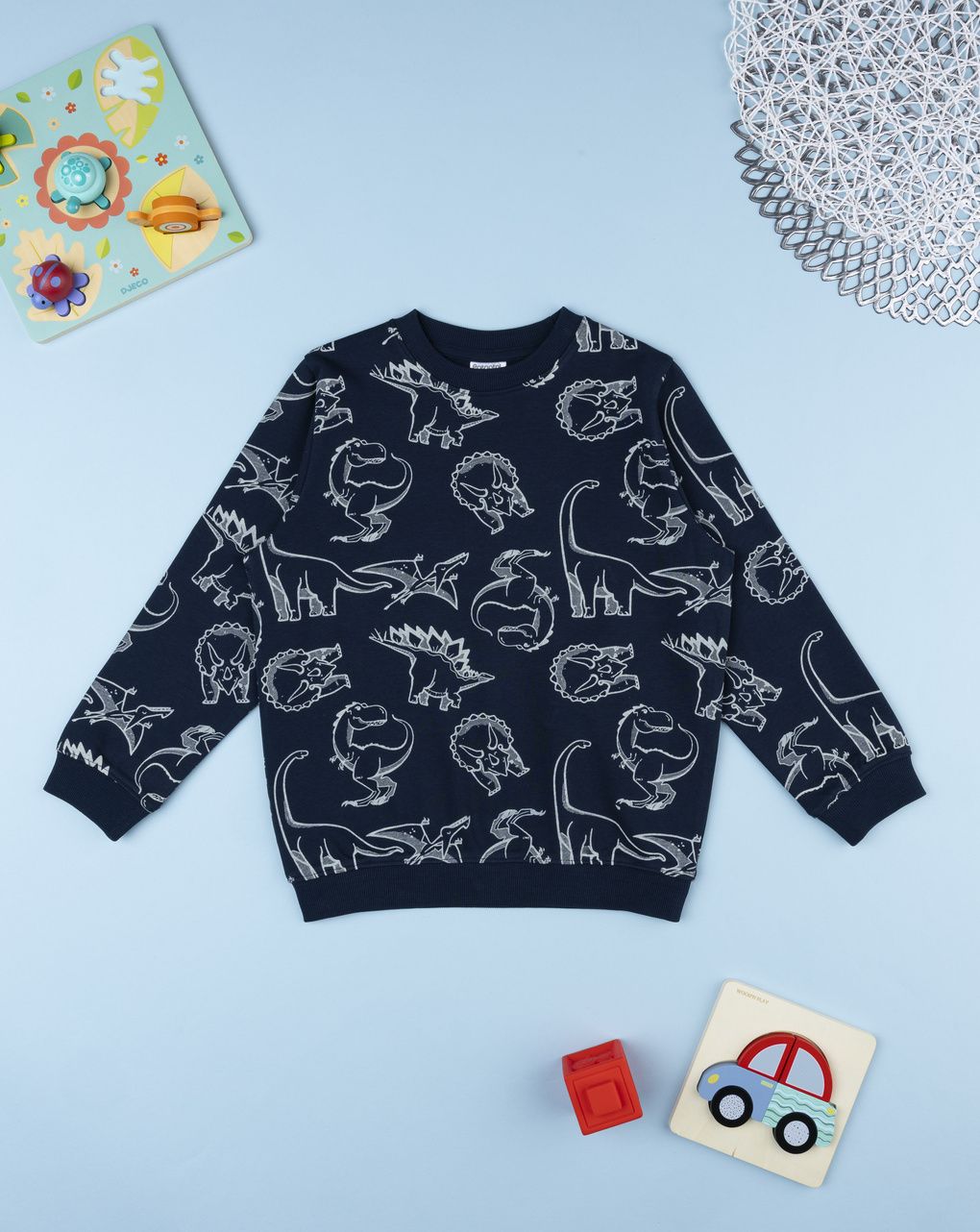 Felpa garzata bambino girocollo blu con dinosauri