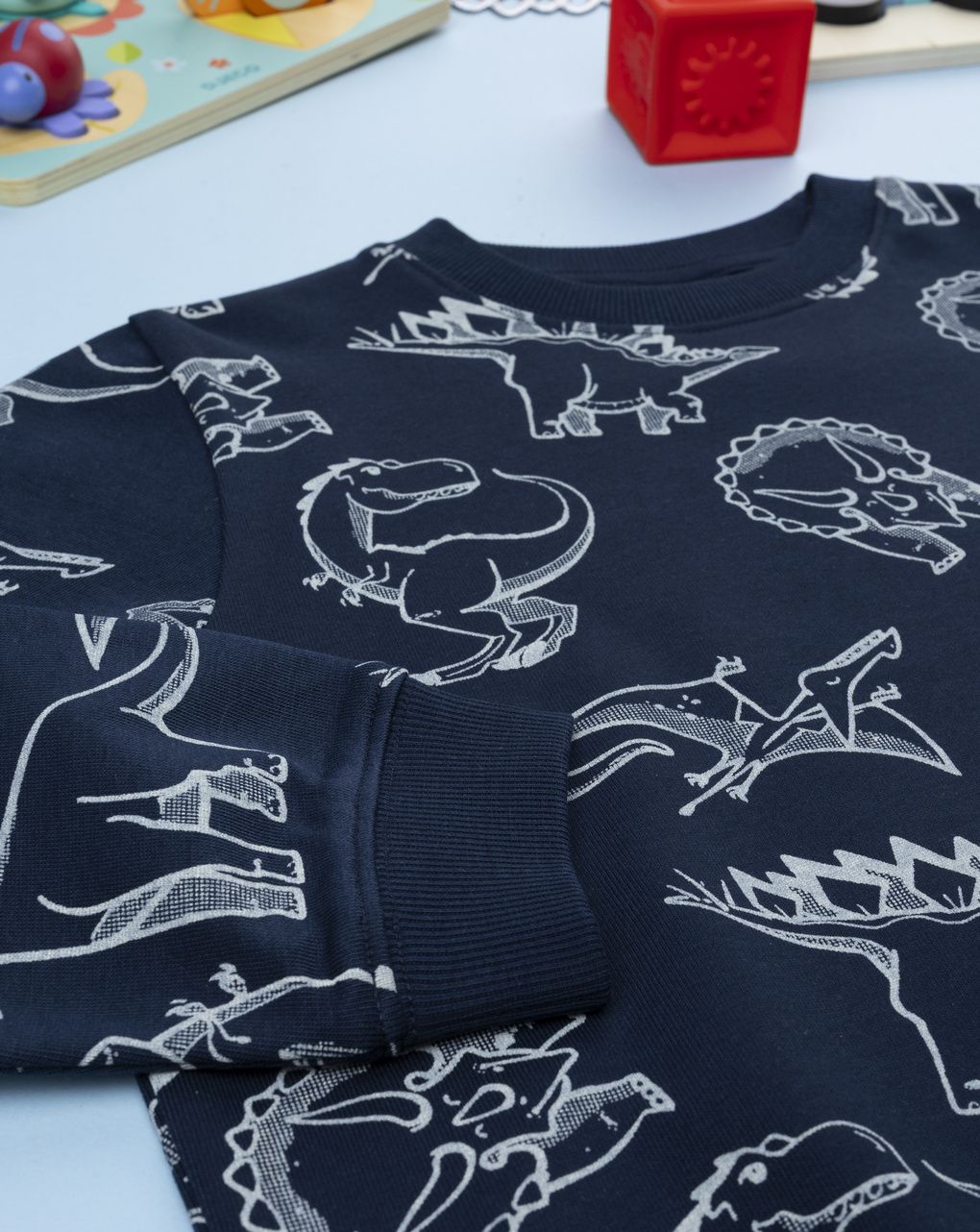Felpa garzata bambino girocollo blu con dinosauri