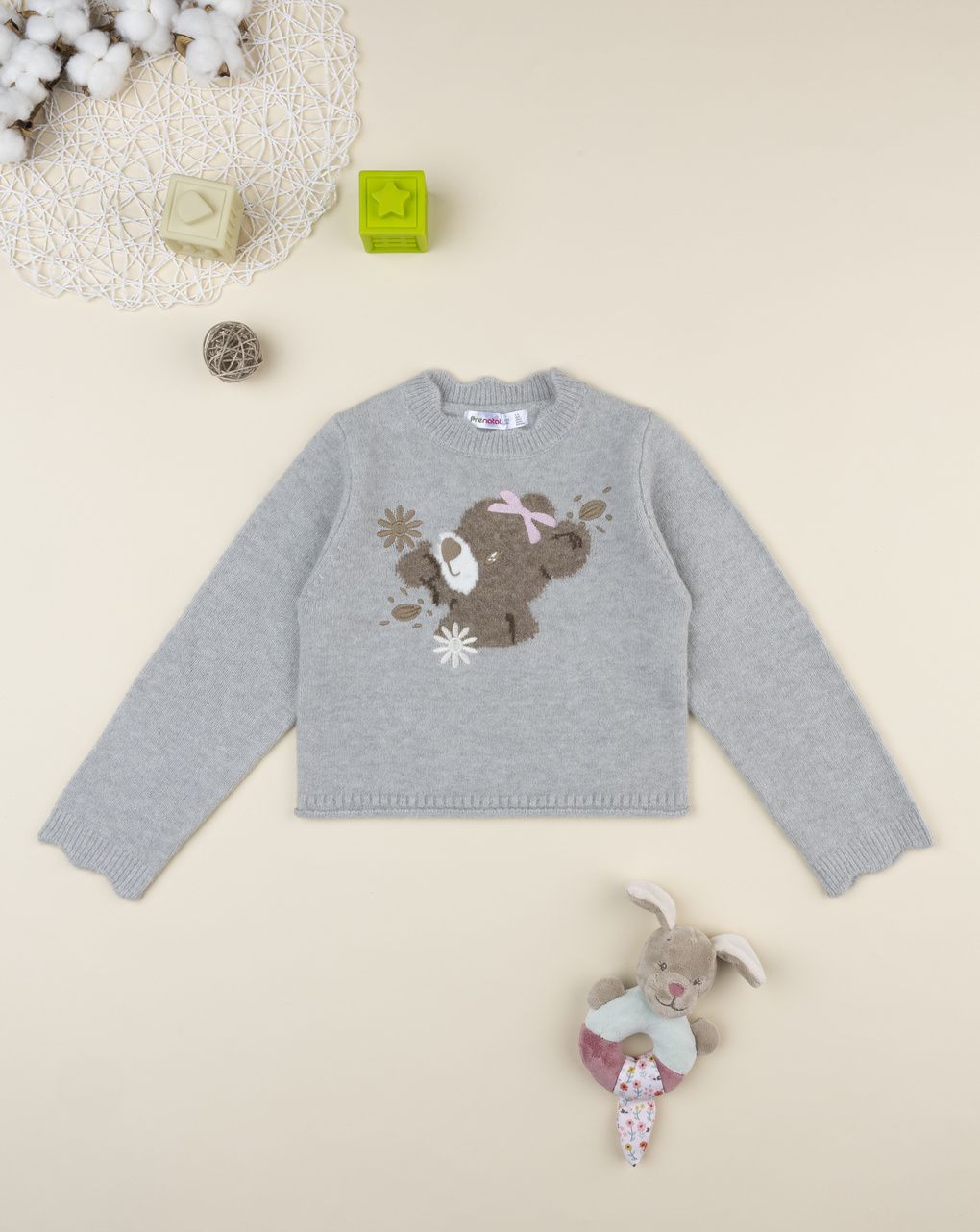 Maglia tricot girocollo bimba grigia con orso