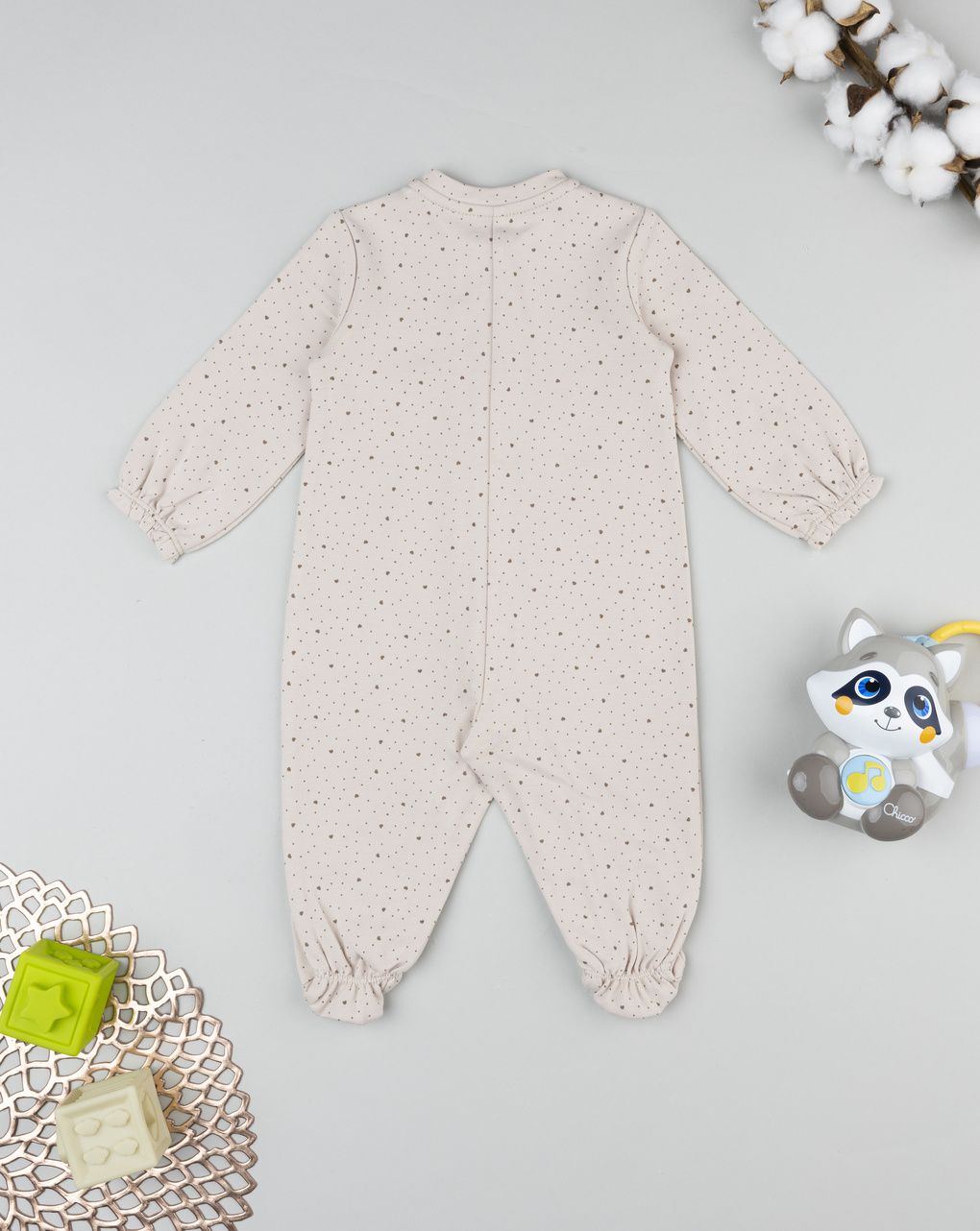 Tutina bimba neonata maniche lunghe beige cuori allover