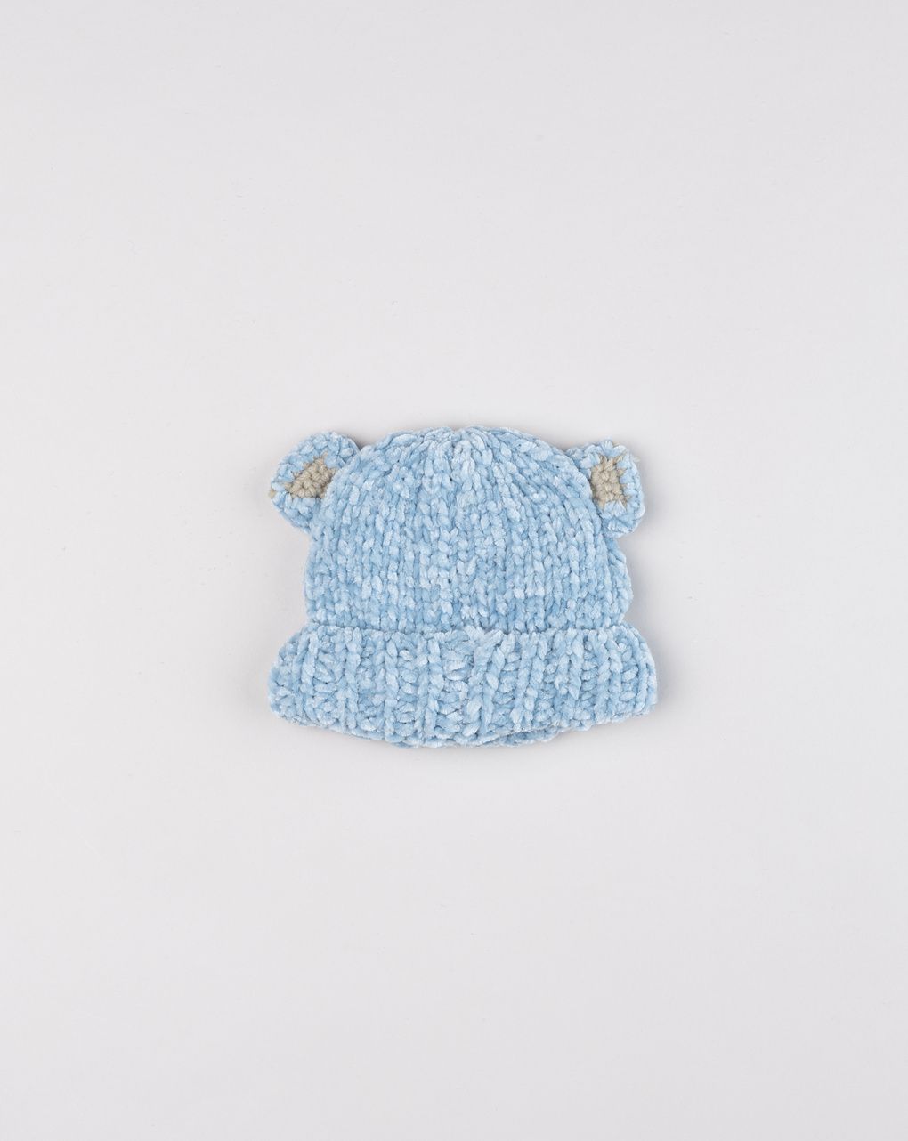 Cappellino neonato in ciniglia celeste con orecchiette