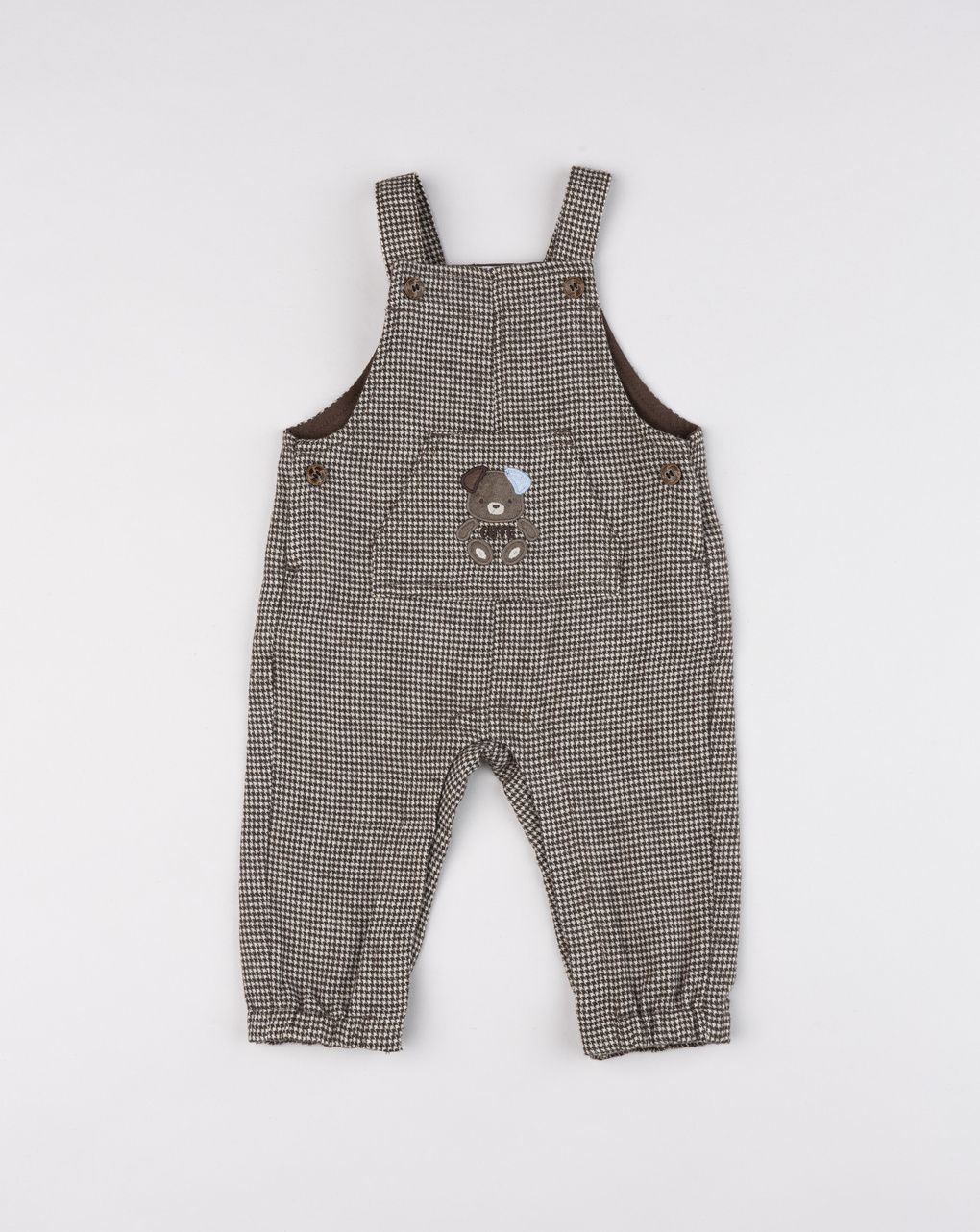 Salopette bimbo a quadretti marroni con patch orsetto