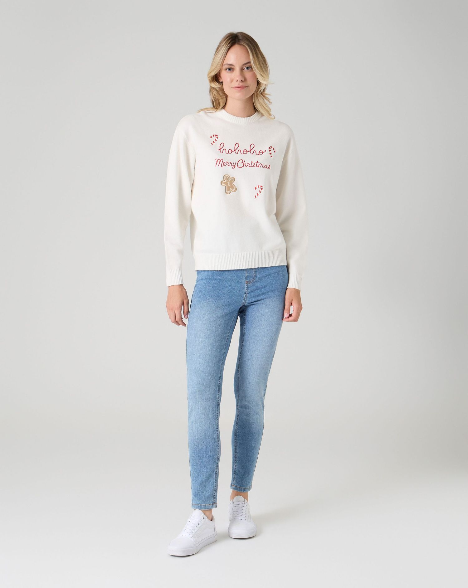 Maglione natalizio donna panna con ricami natalizi – pullover "ho ho ho"