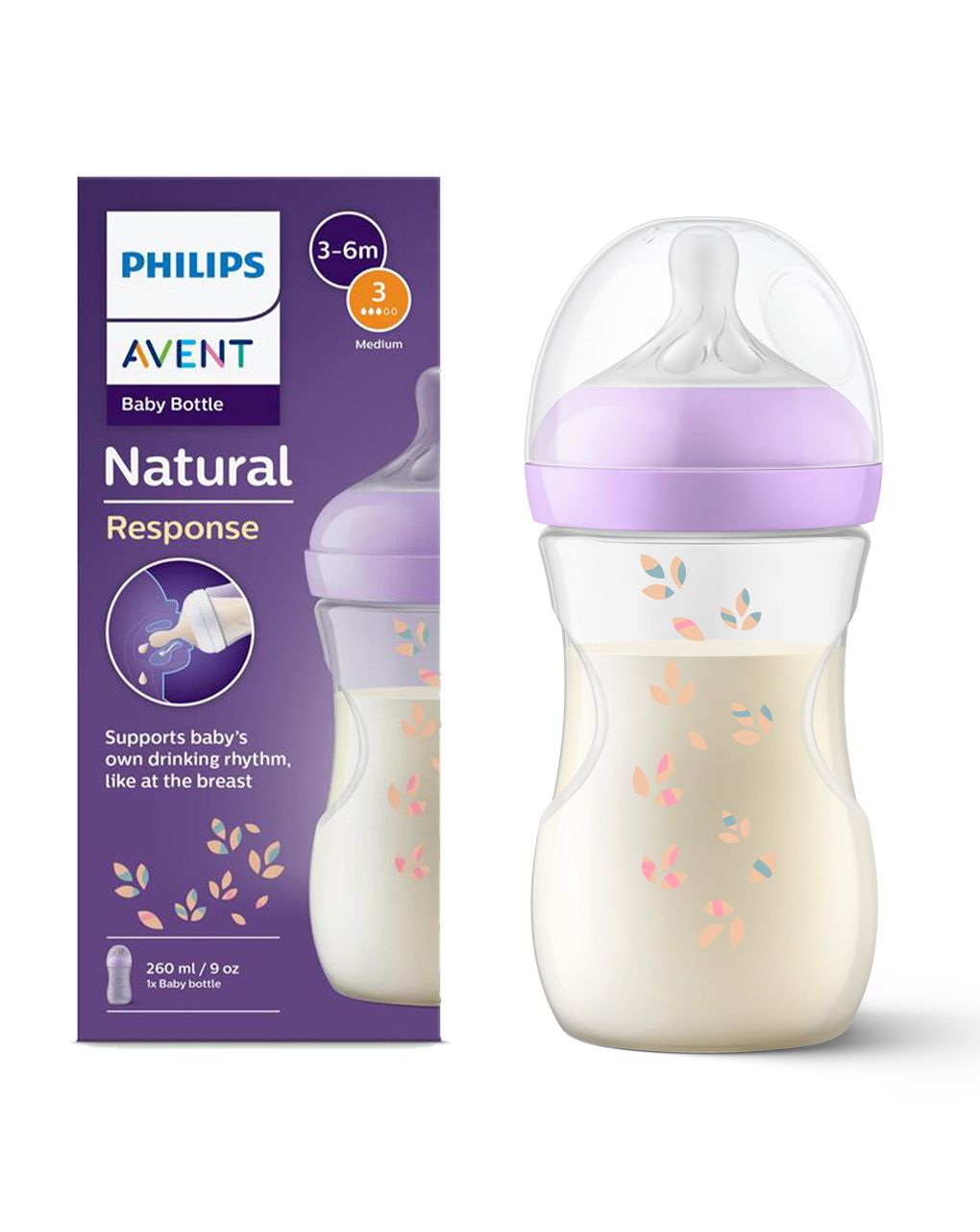Biberon natural response  tettarella a flusso medio 260ml 3-6 mesi - philips avent