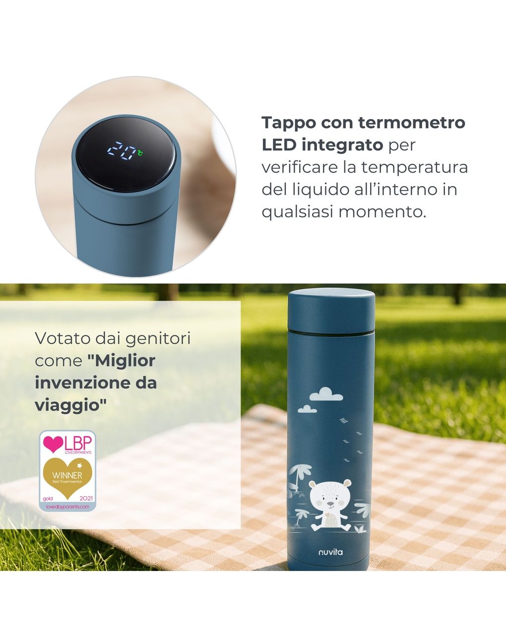 Borraccia termica da 500ml con termometro led - 4455 / powder blue - nuvita