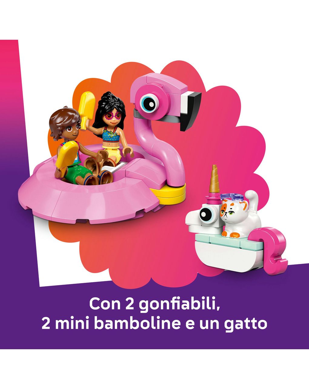 Lego friends 42658 pool party unicorno: 2 mini bamboline, gatto 5+
