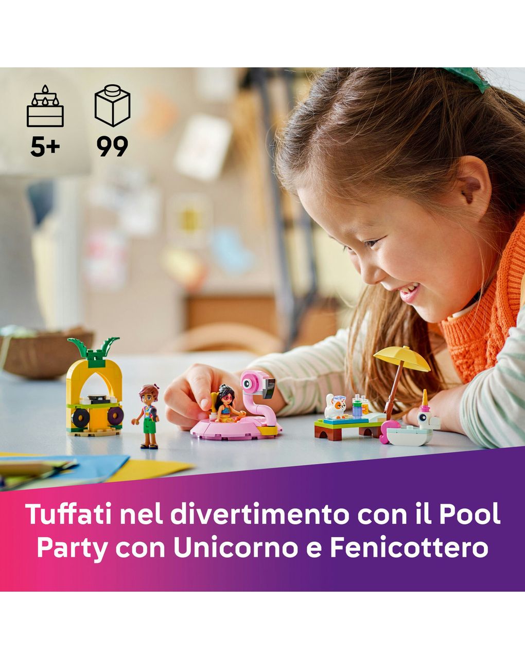 Lego friends 42658 pool party unicorno: 2 mini bamboline, gatto 5+