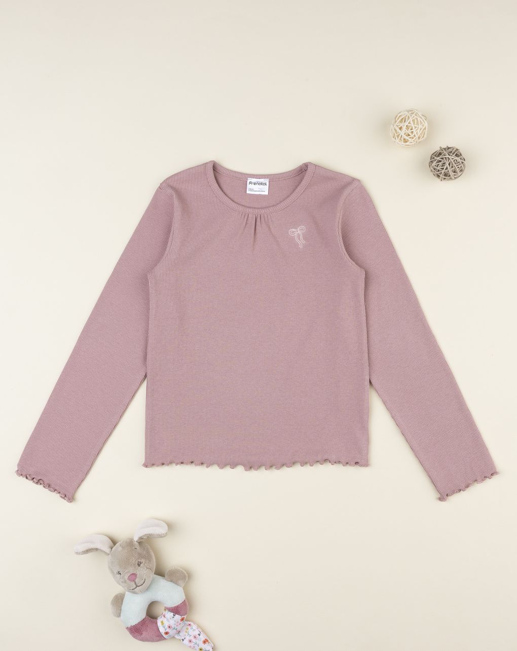 T-shirt bimba rosa scuro a costine ricamata