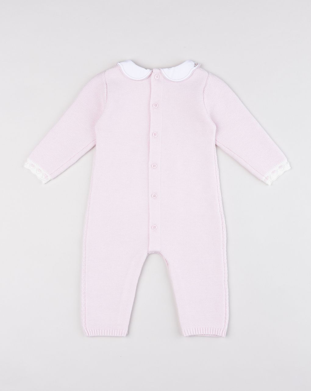 Pagliaccetto neonata in maglia rosa con colletto ricamato a fiori