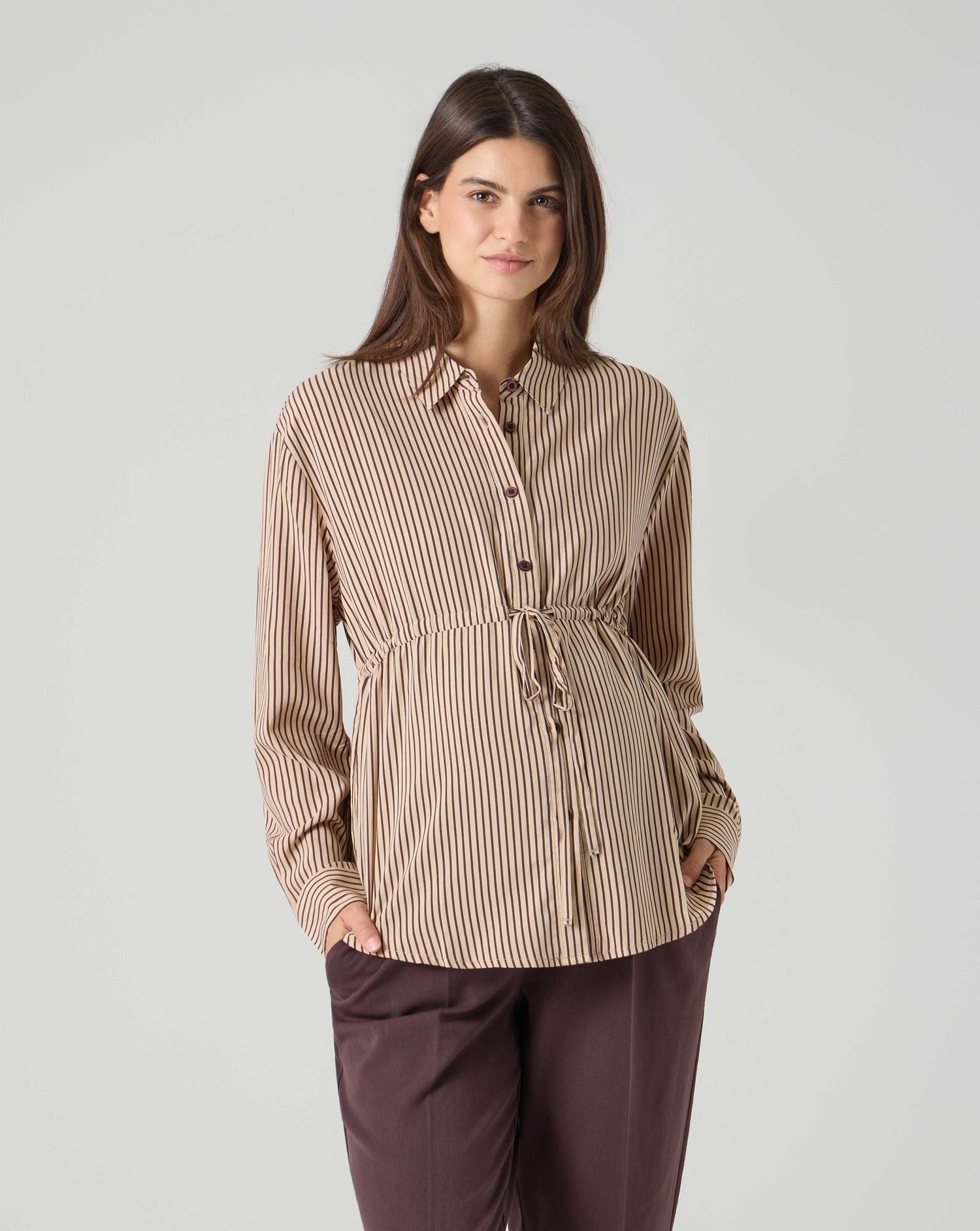 Camicia premaman righe verticali marrone e beige