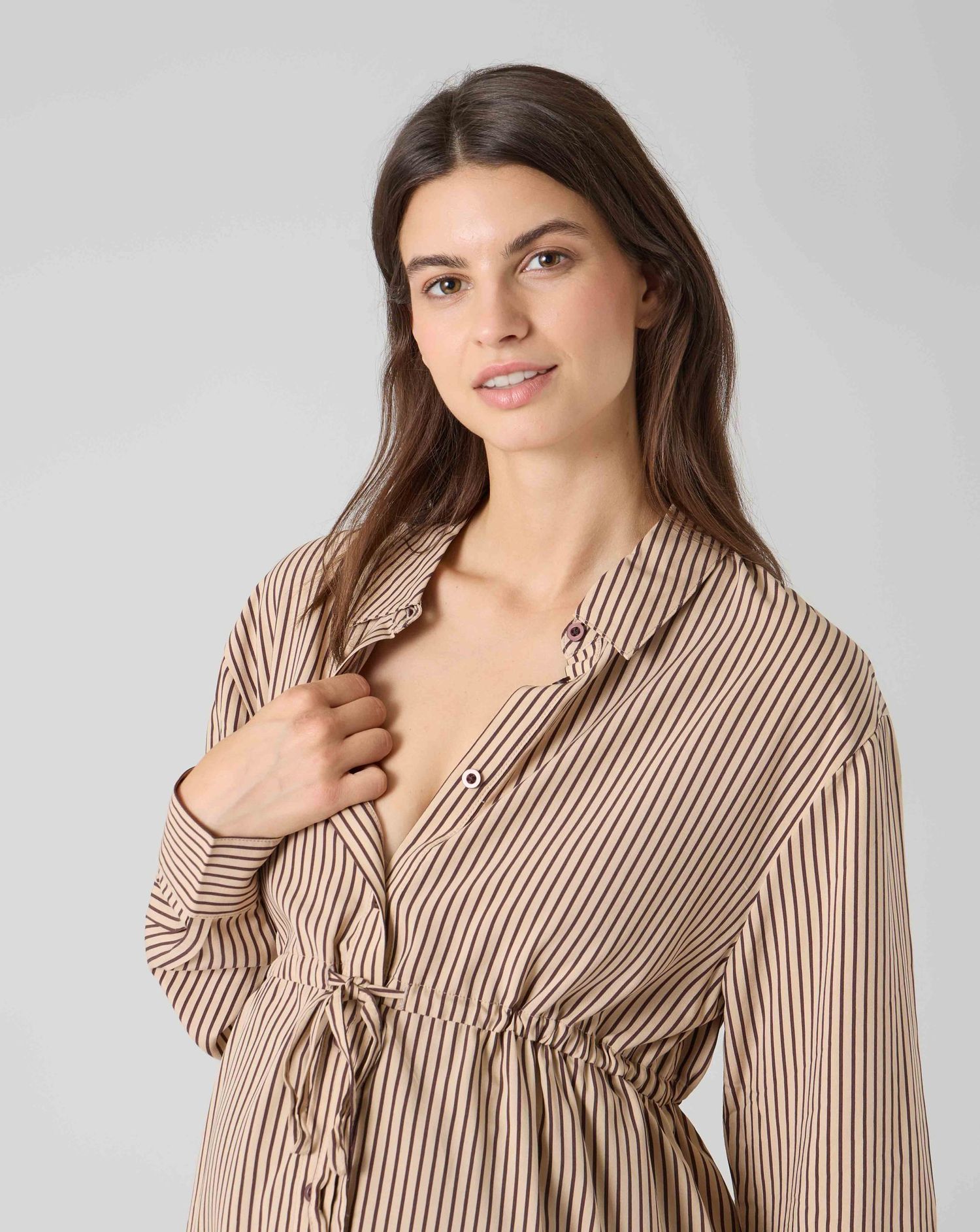 Camicia premaman righe verticali marrone e beige