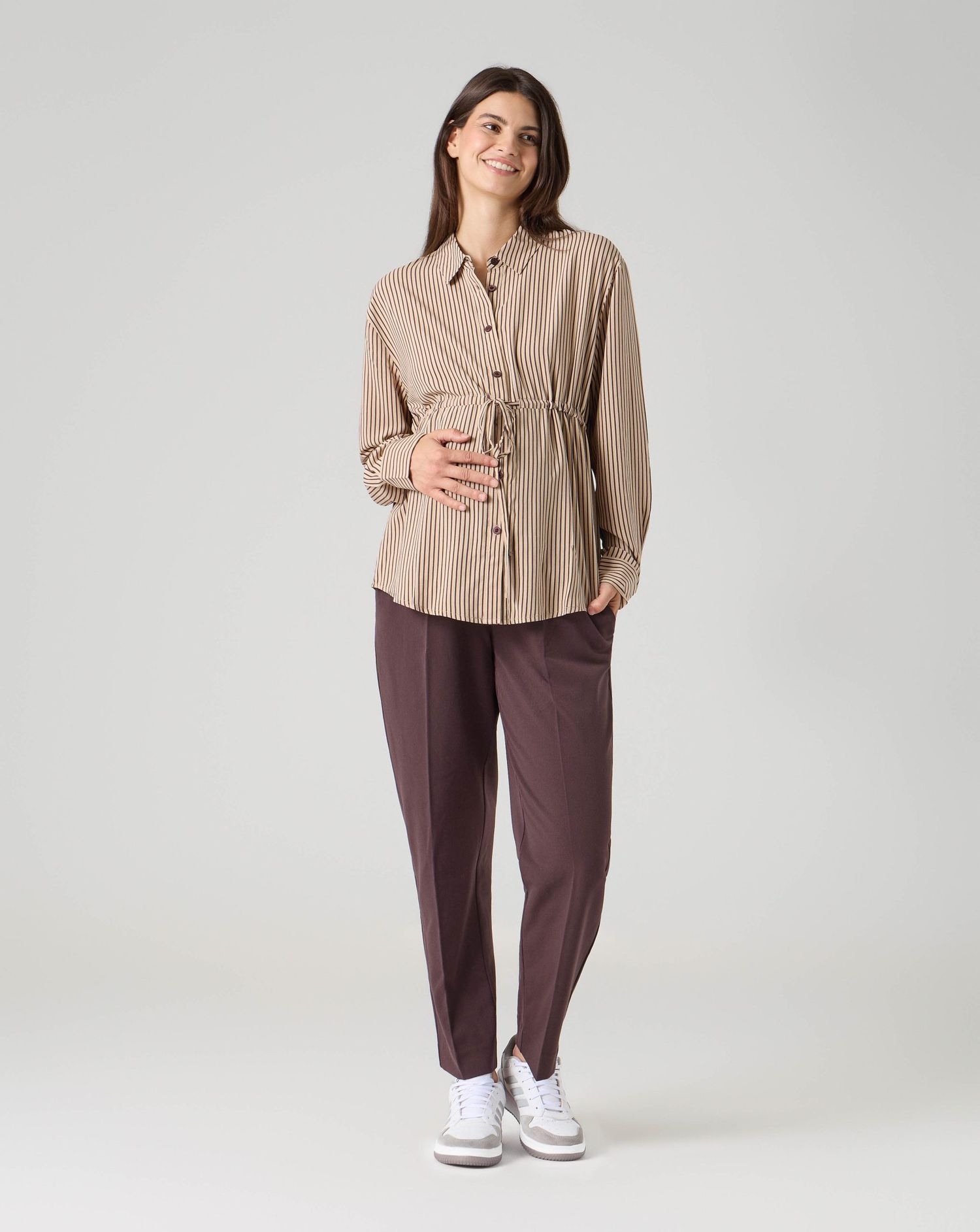 Camicia premaman righe verticali marrone e beige