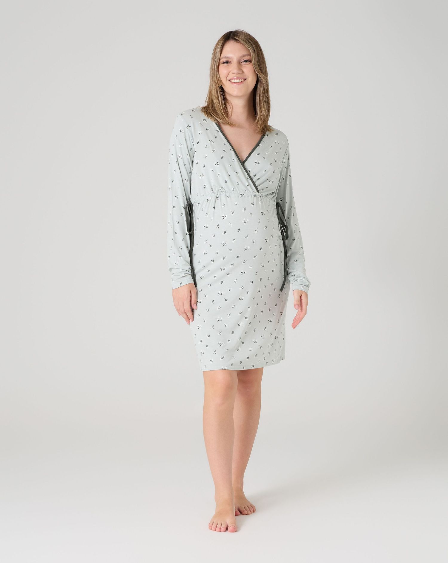 Camicia da notte allattamento fiori a manica lunga verde chiaro