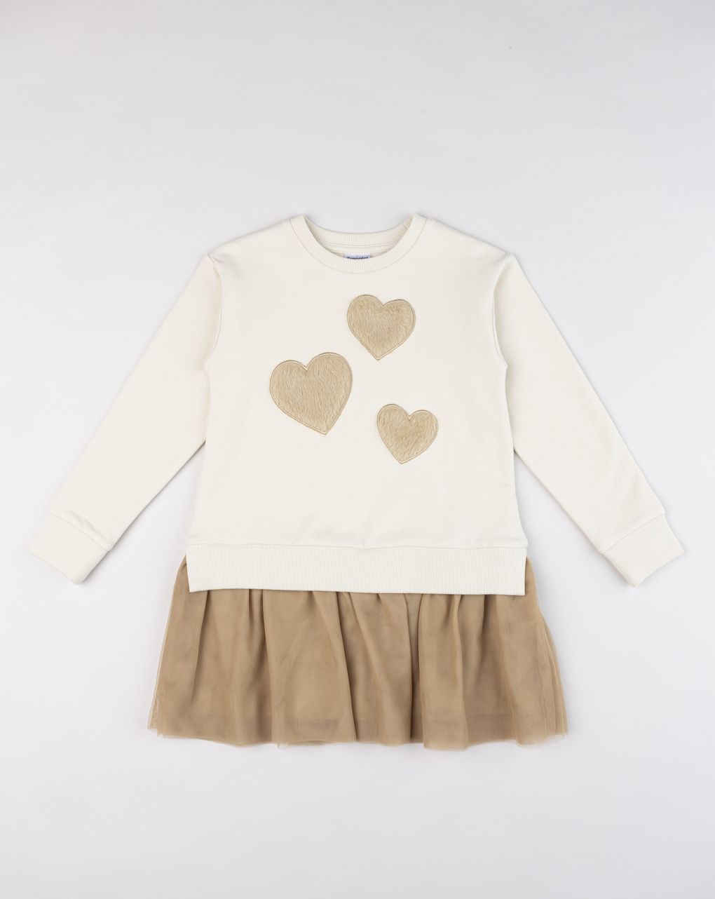 Abito felpato bambina con gonna in tulle beige/marrone