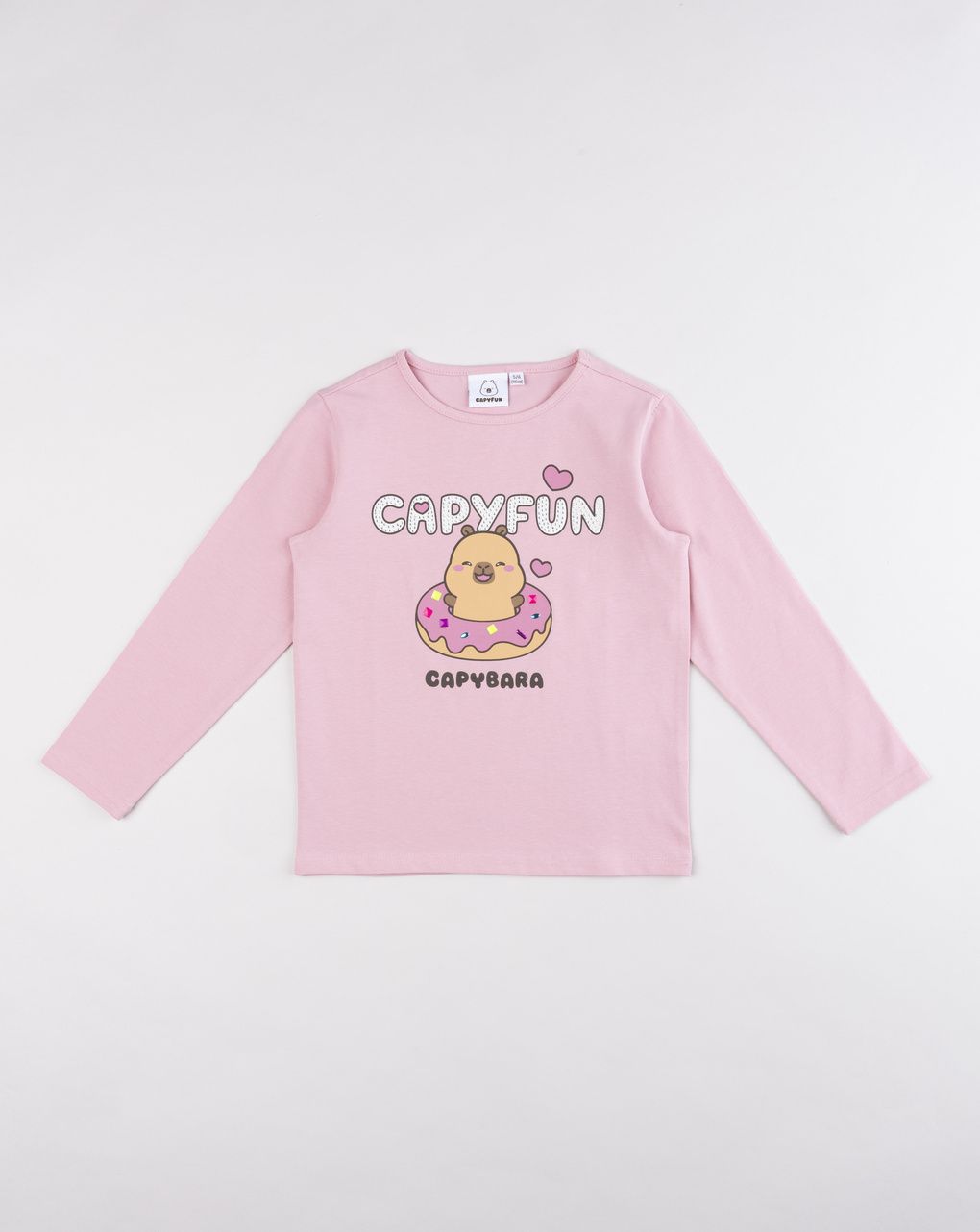 T-shirt bambina maniche lunghe rosa con grafica capybara - "capyfun"