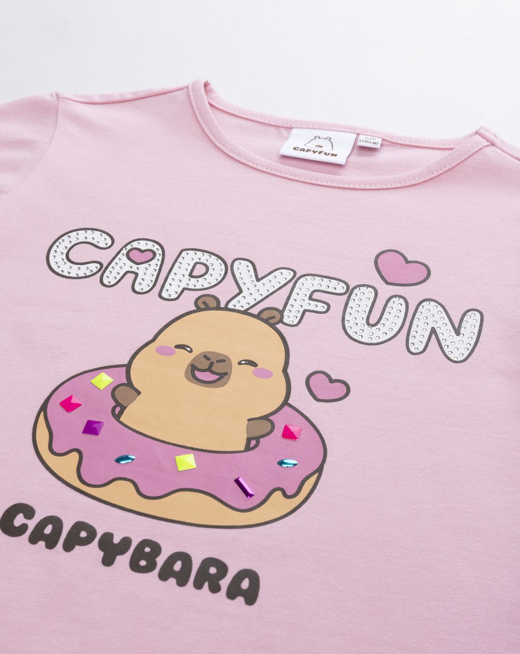 T-shirt bambina maniche lunghe rosa con grafica capybara - "capyfun"