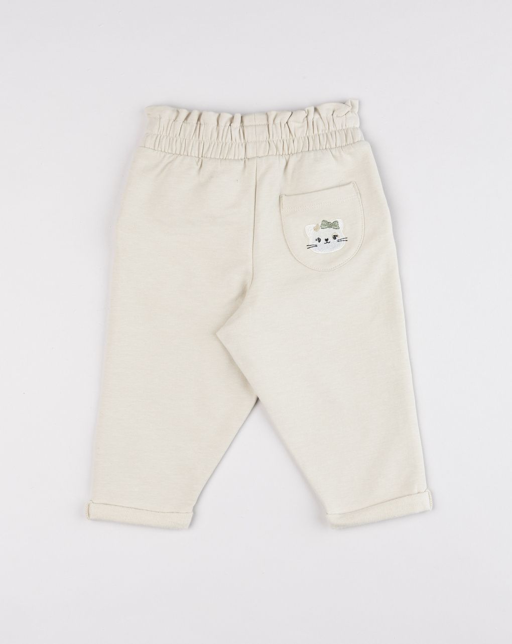 Pantaloni little wild con volto di gatto e fiocco ecru bimba