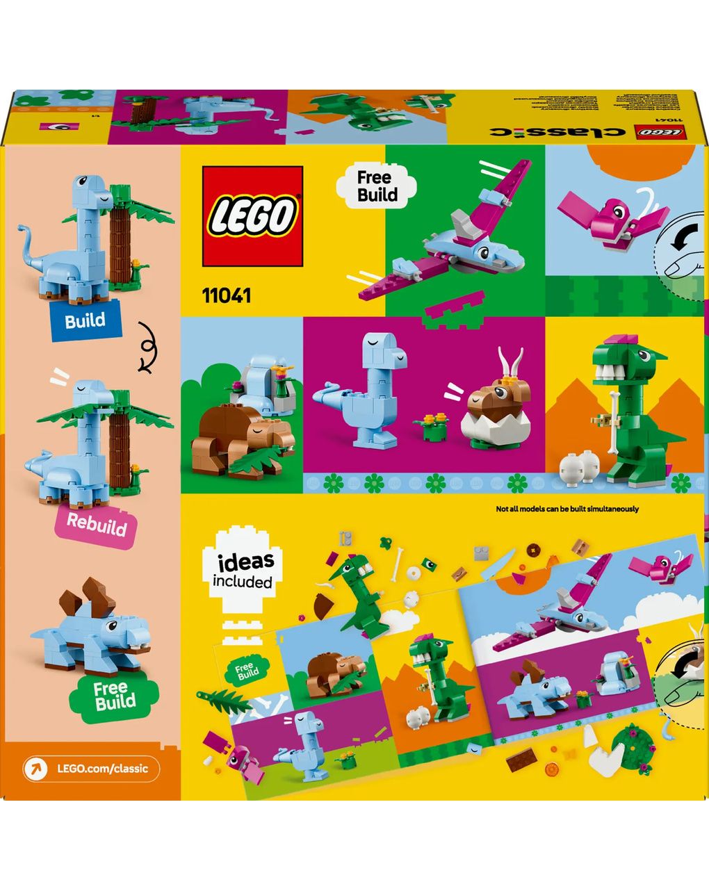 Lego classic 11041 dinosauri creativi, giochi bambini 5+, colorati animali giocattolo da costruire come t. rex e triceratopo