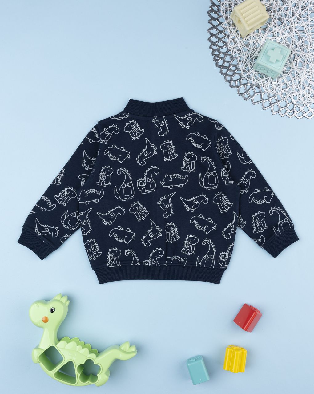 Felpa girocollo garzata bimbo blu stampata dinosauri
