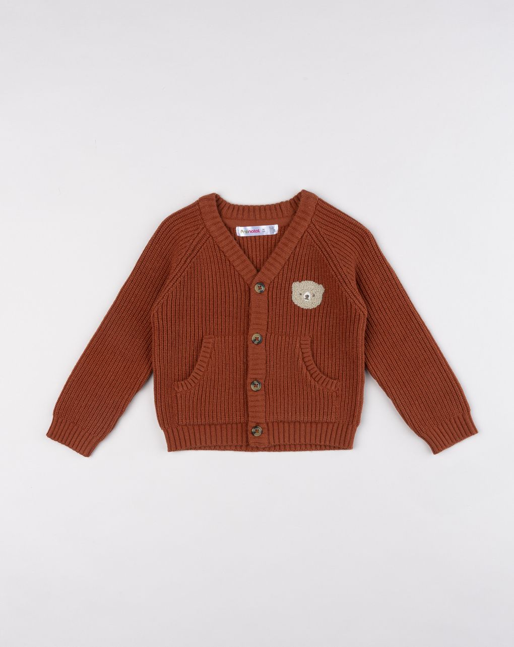 Cardigan bimbo in maglia a coste ruggine con orsetto