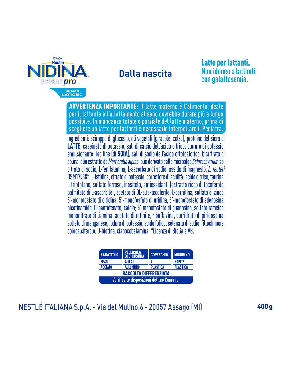 Nidina expertpro senza lattosio latte per lattanti in polvere, latta 400g - nestle'