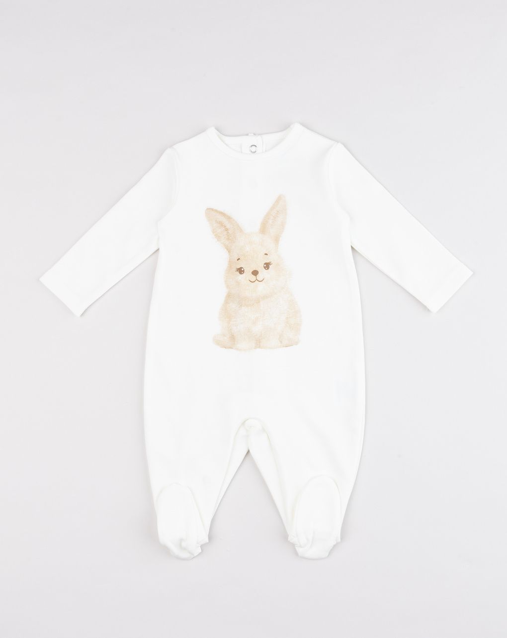 Tutina neonato in cotone bianco con stampa coniglietto beige