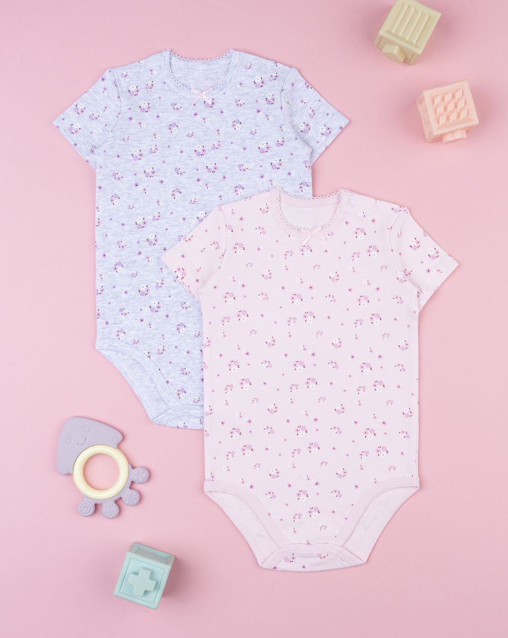 Pack 2 body bimba rosa/grigio fiorellini