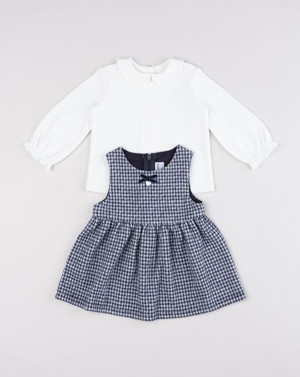 Completo 2 pezzi neonata lupetto bianco e vestito pied-de-poule
