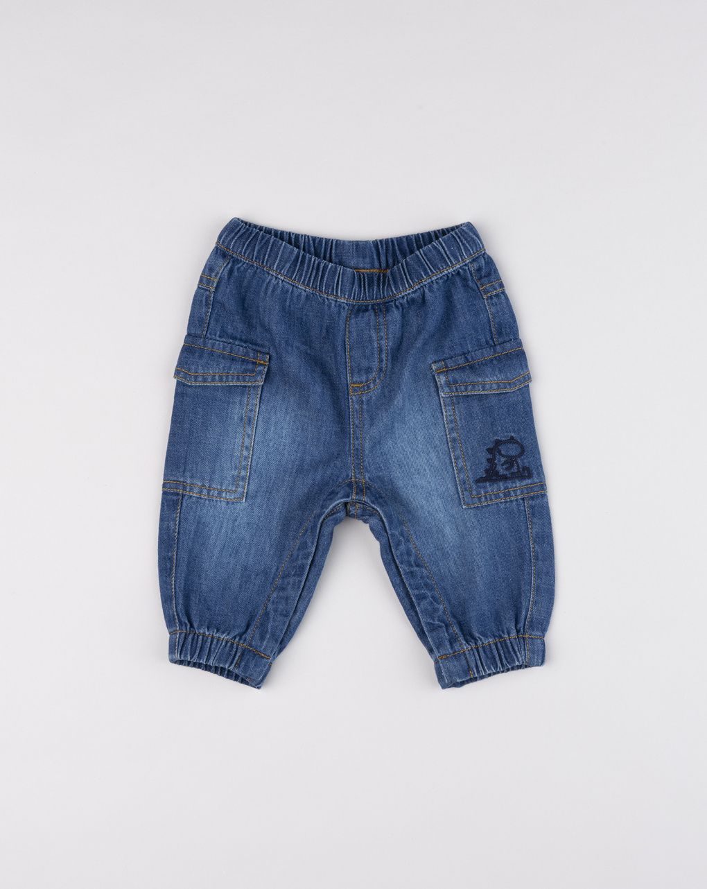 Pantalone denim neonato con ricamo dinosauro