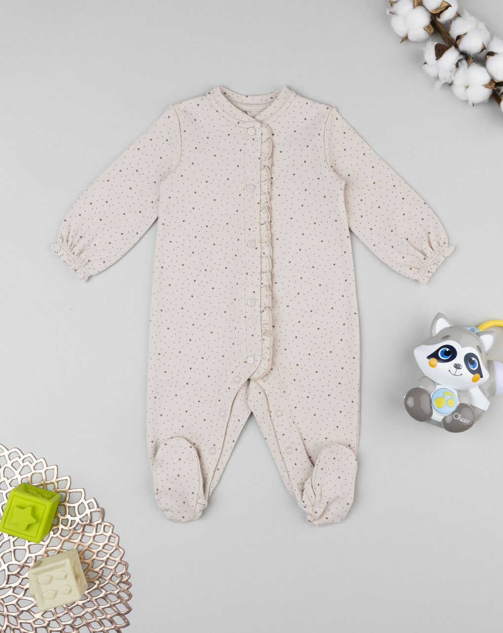 Tutina bimba neonata maniche lunghe beige cuori allover