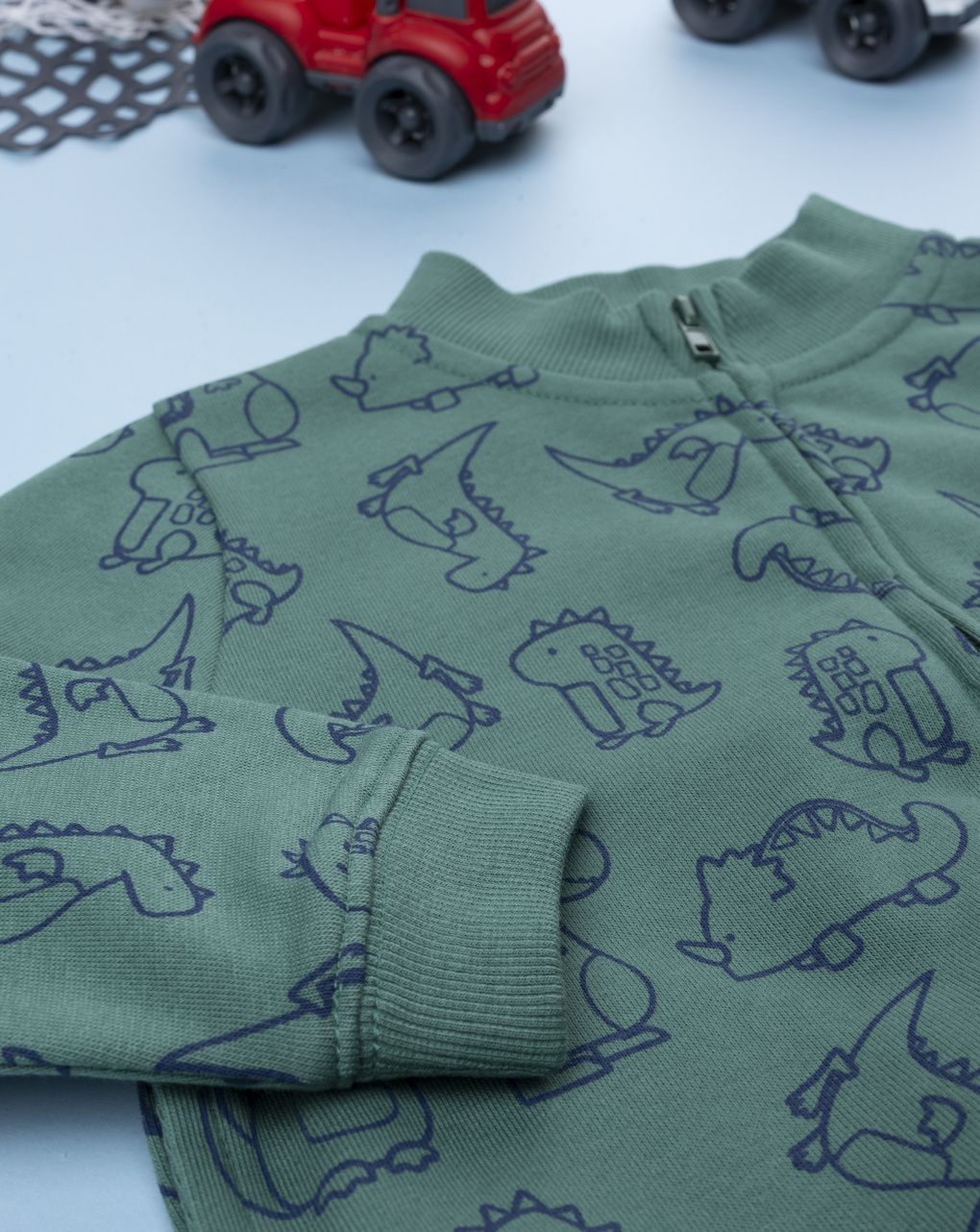 Felpa garzata bimbo girocollo verde stampata dinosauri